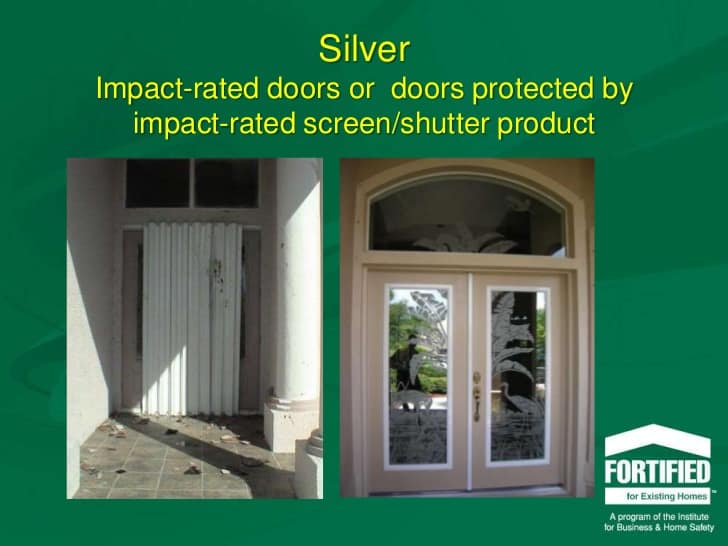 Picture of impact door and a door with hurricane shutters. From Fortified for Existing Home slide presentation IBHS