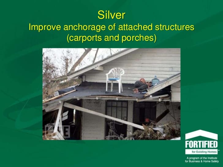 Picture showing a porch collapsed after a storm. From Fortified for Existing Home slide presentation IBHS