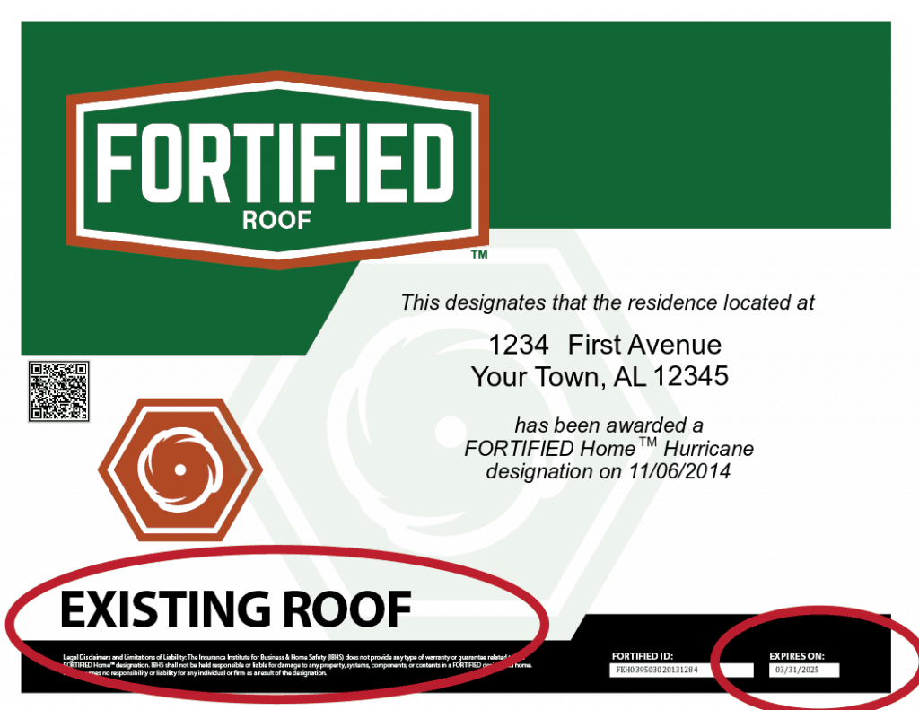 Sample FORTIFIED Certificate showing new expiration date and existing roof status