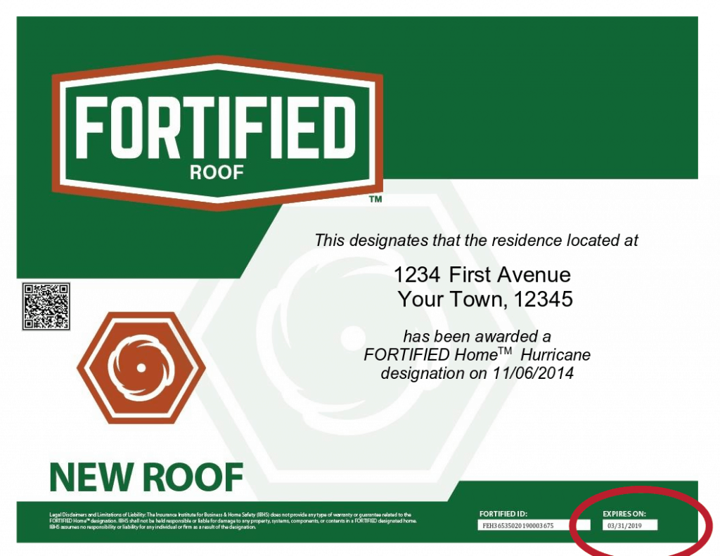 Sample FORTIFIED certificate that is expired