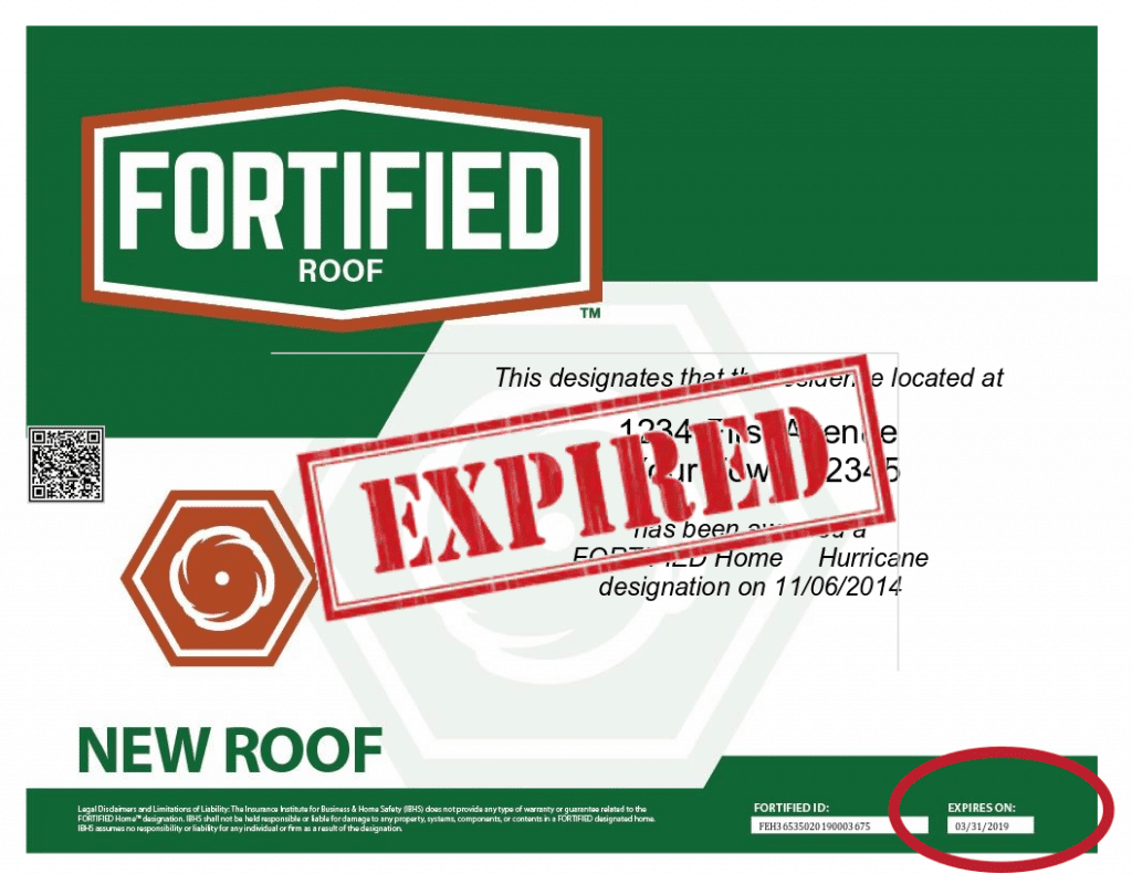 Sample FORTIFIED certificate with 'expired' stamp